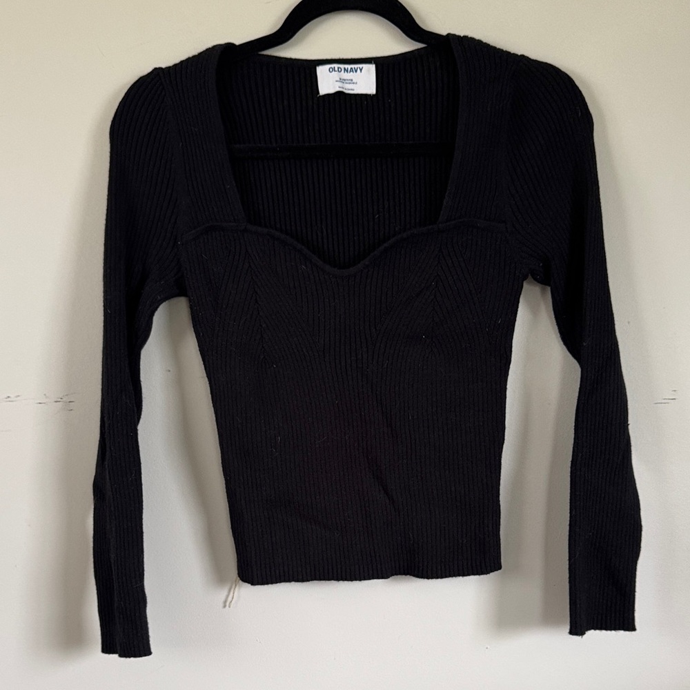 Old Navy Petite Medium Black Ribbed Sweetheart Neck Top Fitted Long Sleeve Sweat